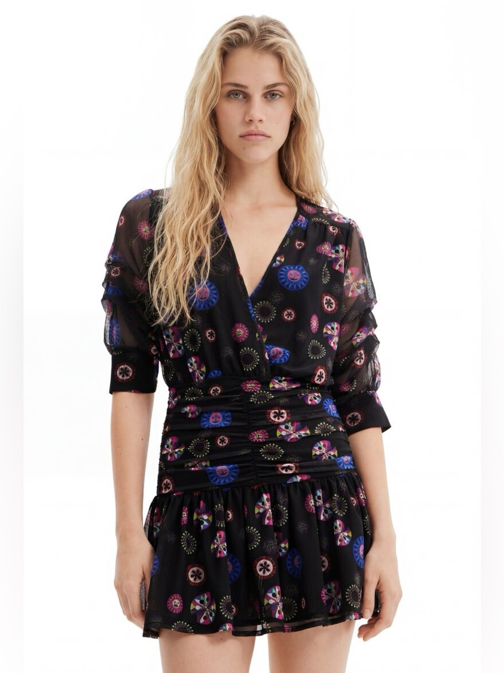 Desigual x M. Christian Lacroix "Mooni" Draped Short Dress Sheer Mesh Tulle